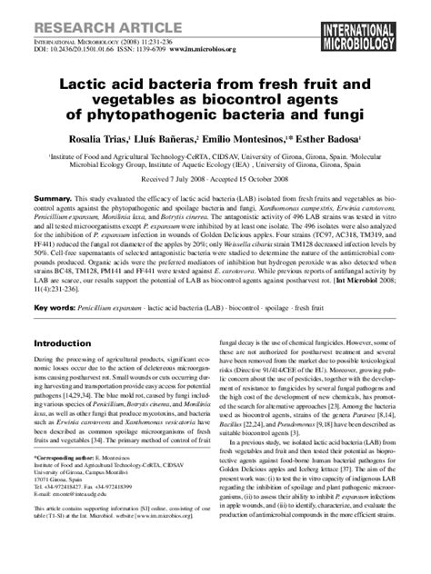 Pdf Lactic Acid Bacteria From Fresh Fruit And Vegetables As Biocontrol Agents Of