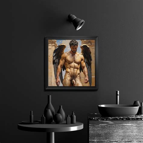 Muscled Man Nude Figure Angel Wings Gay Art AI Generated Realistic Gay Oil Painting Wall