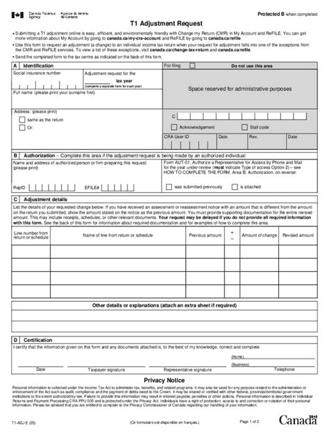 2020 2025 Form Canada T1 ADJ E Fill Online Printable Fillable Blank