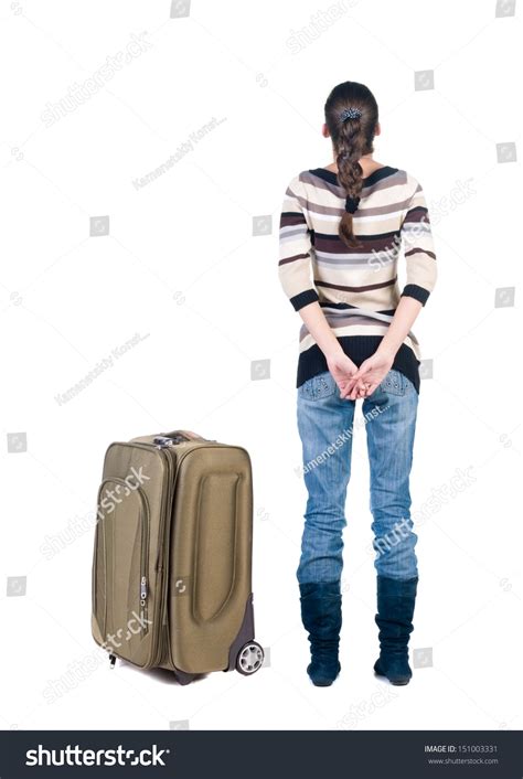 Back View Traveling Brunette Woman Jeans Stock Photo