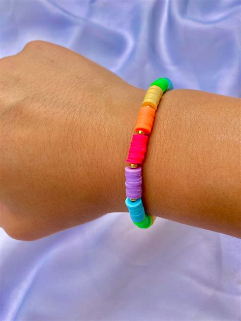 Rainbow Clay Disc Beaded Bracelet Etsy