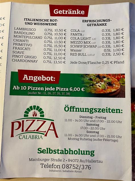 Speisekarte Von Holzofenpizza Pizza Calabria Au In Der Hallertau