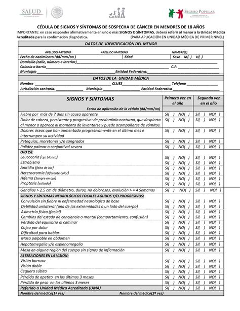 Cancer Infantil Medicina CÉDULA DE SIGNOS Y SÍNTOMAS DE SOSPECHA DE