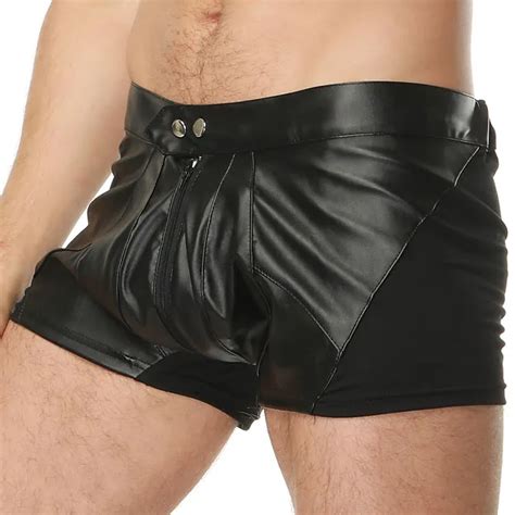 Sexy Mens Faux Leather Stretching Wet Look Boxer Shorts With Zipper