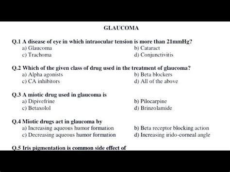 GLAUCOMA Pharmacology MCQ Important Question All Exam MCQ Pharmacist