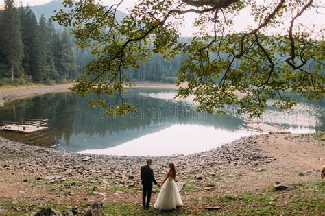 El Par Hermoso Feliz De Los Recienes Casados Que Se Colocan Que Se