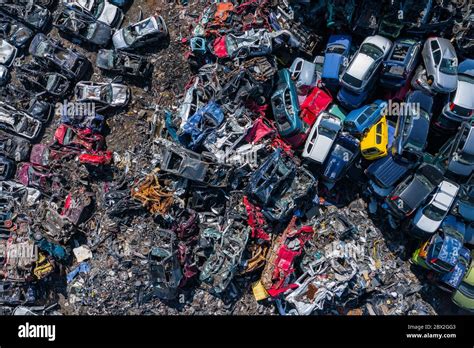 Scrapyard Aerial View Old Rusty Corroded Cars In Car Junkyard Car