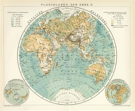 Erdglobus östliche Halbkugel Planigloben historische Karte 1892 Arc