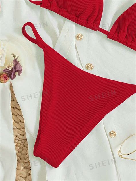 Shein Swim Ribbed Bikini Set Tie Back Halter Triangle Bra Thong