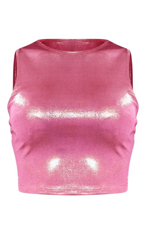 Bright Pink Metallic Slinky Crop Top Prettylittlething Usa