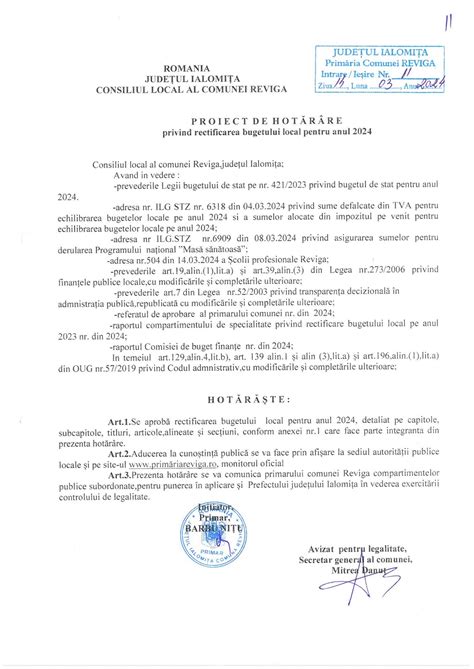 Prim Ria Reviga Proiect De Hot R Re Privind Rectificarea Bugetului