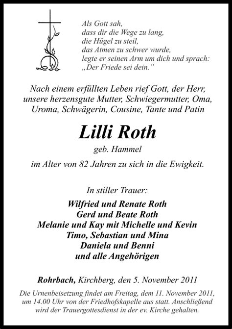 Traueranzeigen Von Lilli Roth Rz Trauer De