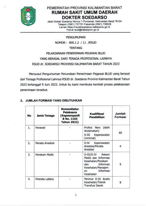 Penerimaan Pegawai Blud Rsud Dr Soedarso Provinsi Kalimantan Barat Tahun 2023 Rsud Dr Soedarso