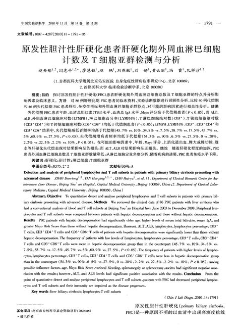 原发性胆汁性肝硬化患者肝硬化期外周血淋巴细胞计数及t细胞亚群检测与分析word文档在线阅读与下载无忧文档