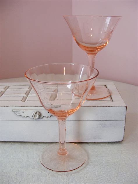 Pink Depression Glass Stemmed Wine Glasses Vintage Etched