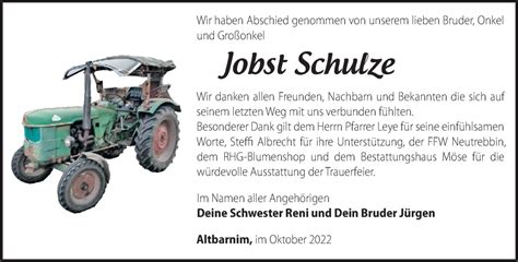 Traueranzeigen Von Jobst Schulze M Rkische Onlinezeitung Trauerportal