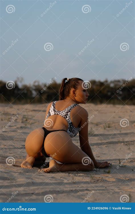 Graceful Woman In Bikini On Sandy Beach Stock Photo Image Of Shore