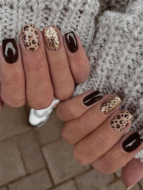 Dark Brown Nails With Leopard Print And Gold Glitters Simple Fall Nails