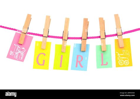 Colorful Word Hang On Rope By Wooden Peg Isolated On White Baby