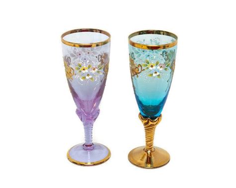 Vintage Czech Bohemian Crystal Wine Glasses Lavender Turquoise Hand