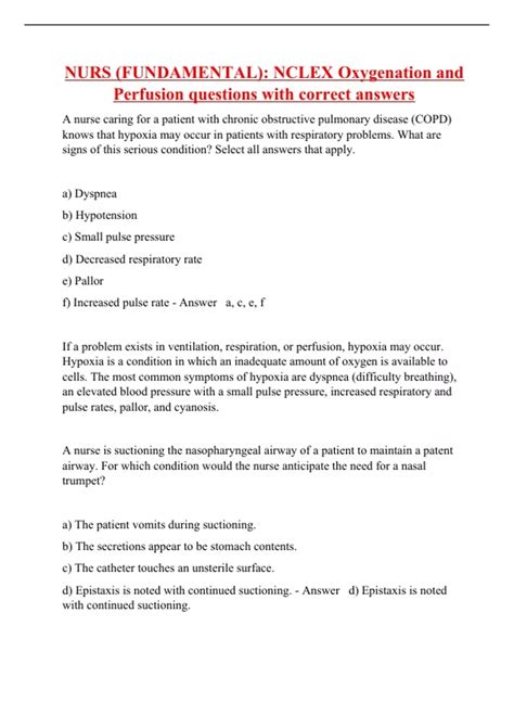 NURS FUNDAMENTAL NCLEX Oxygenation And Perfusion Questions With