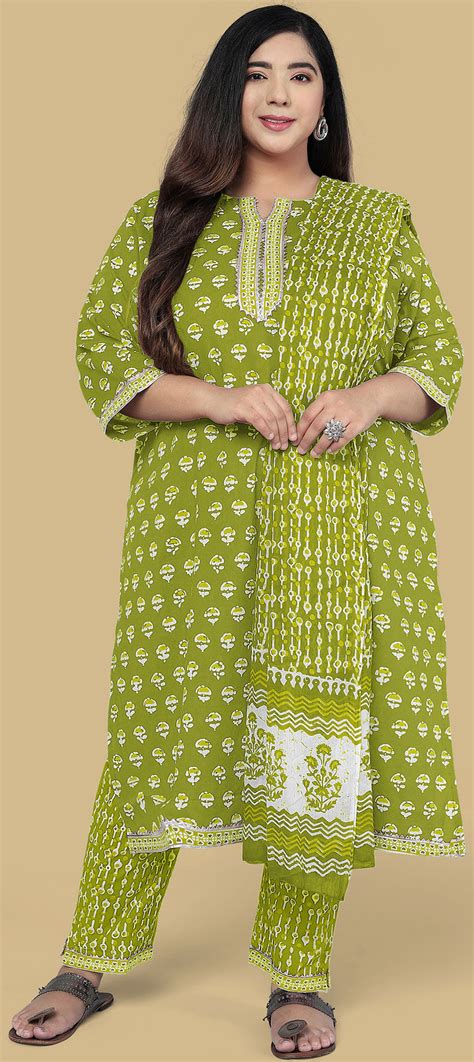 Casual Green Color Cotton Fabric Salwar Kameez