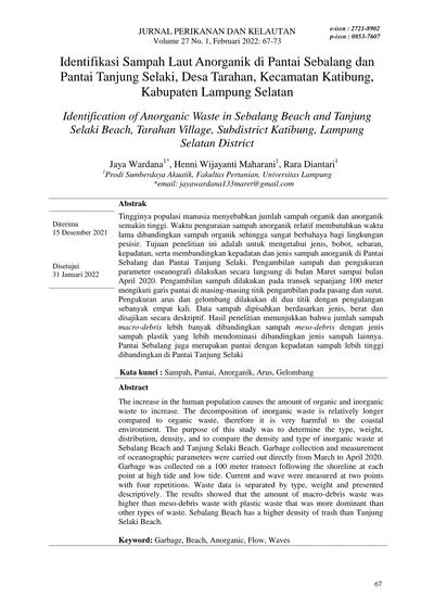 Identifikasi Sampah Laut Anorganik Di Pantai Sebalang Dan Pantai