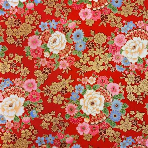 Tissu Japonais Fleur Rouge Dore Mitsukatta