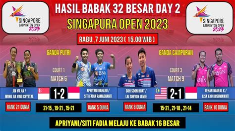 HASIL SINGAPORE OPEN 2023 HARI INI BABAK 32 BESAR DAY 2 APRIYANI