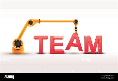 Industrial Robotic Arm Building TEAM Word On White Background Stock