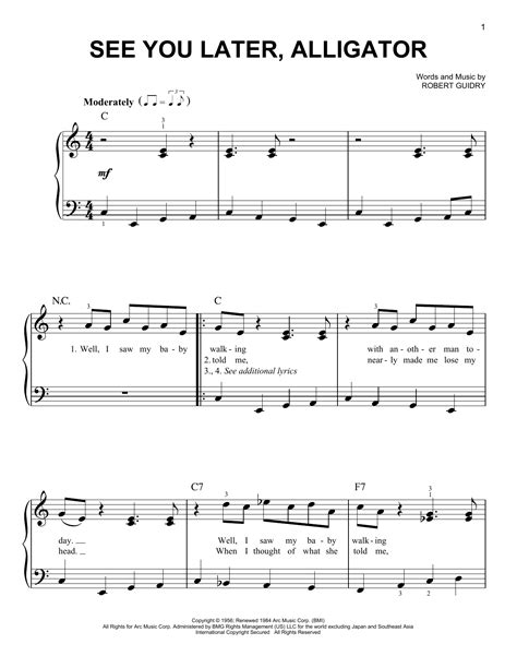 See You Later Alligator By Bill Haley And His Comets Sheet Music For Easy Piano At Sheet Music Direct