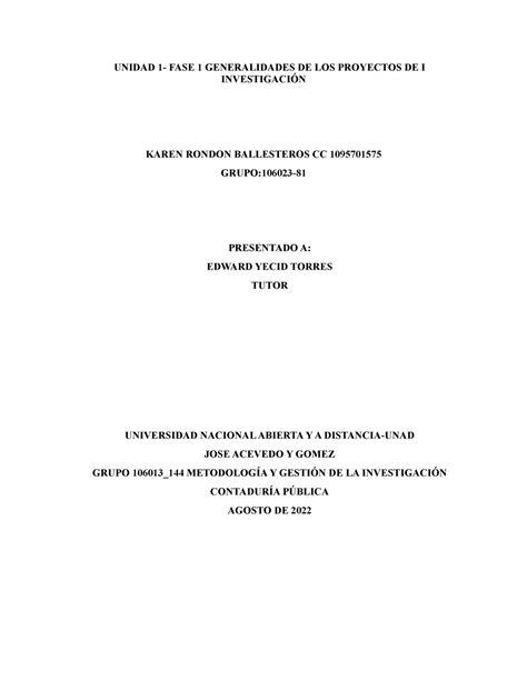 Unidad 1 Karen Rondon Grupo 81 Unidad 1 Fase 1 Generalidades De Los Proyectos De I