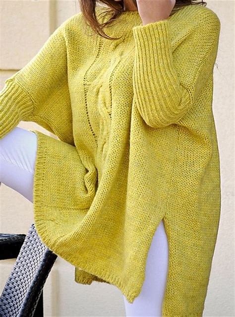 Women S Pullover Sweater Jumper Crew Neck Cable Knit Acrylic Split Spring Fall Tunic Outdoor