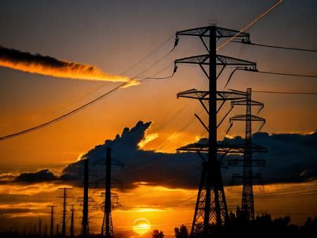 The Sun Is Setting Behind Power Lines And Telephone Poles Image