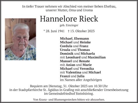 Traueranzeigen Von Hannelore Rieck Trauer Merkur De