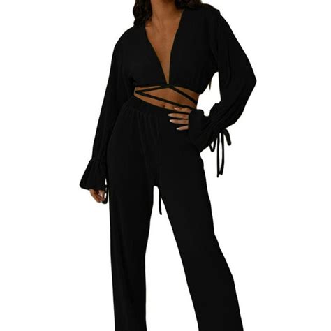 Sweatsuits Sets For Women Solid Color V Neck Casual Set Lounge Casual Sets Black L