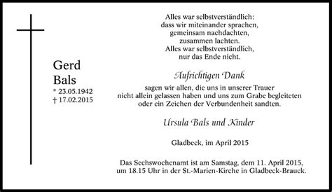 Traueranzeigen Von Gerd Bals Trauer In Nrw De