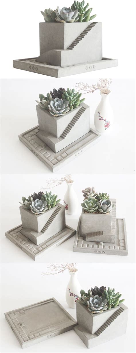 Concrete Square Architecture Stairs Succulent Planter Flower Pot Pen