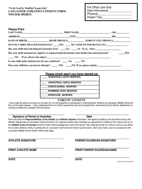 Fillable Online Fall Athletic Consent Form Lancaster High School Fax