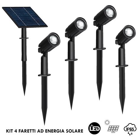 Kit Faretti Led Pannello Solare Picchetto Ip Batteria Ricaricabile