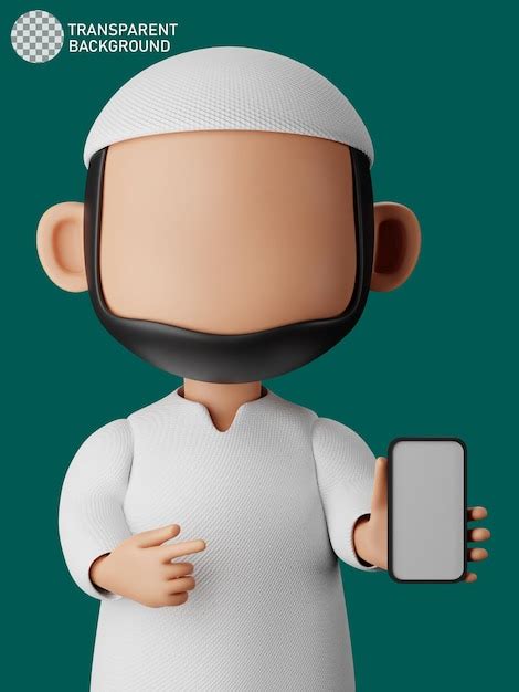 Premium Psd 3d Character Of Muslim Man Holding A Phone