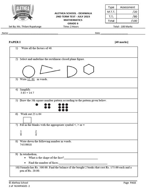 Term Test Grade 6 Maths 2023 Pdf Shape Mathematics