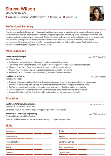 Mechanic Helper Resume Example For 2024 Examples Free Templates