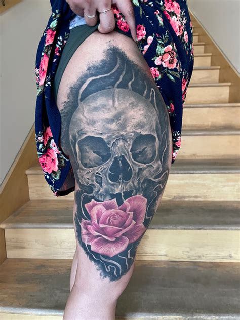 Skull And Rose Half Sleeve Tattoos