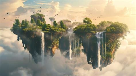 Fantasy Landscape With Floating Islands Waterfalls And Lush Greenery