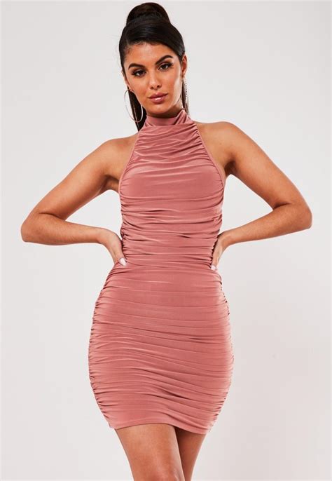 Pink Slinky Ruched Halterneck Mini Dress Missguided Halterneck Mini