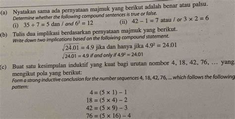 Solved A Nyatakan Sama Ada Pernyataan Majmuk Yang Berikut Adalah