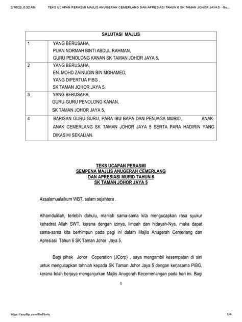 Teks Ucapan Perasmian Majlis Apresiasi Sk Senaja Gb Pdf