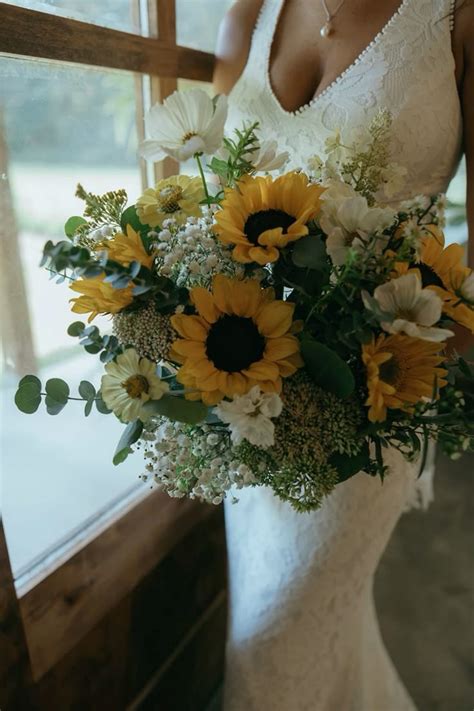 sunflower bridal bouquet rustic bridal lace wedding dress