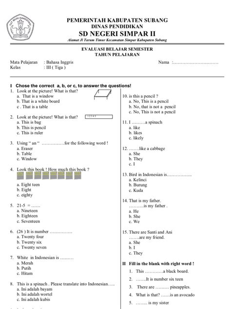 Soal Bahasa Inggris Kelas 3 Sd